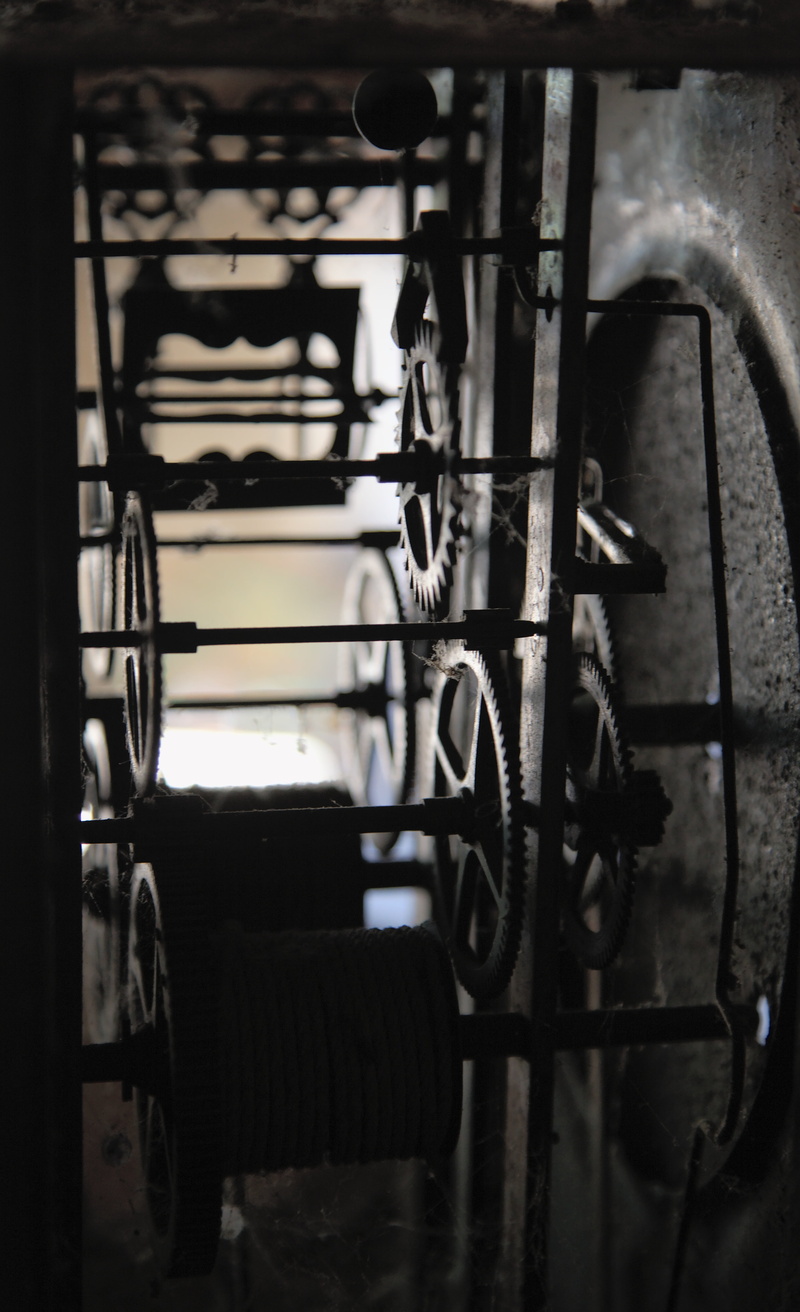 indoors, spoke, wall - building feature, old clockwork, tire, clock, land vehicle, stationary, staircase, no people, 5K, selective focus, old, metal, gear