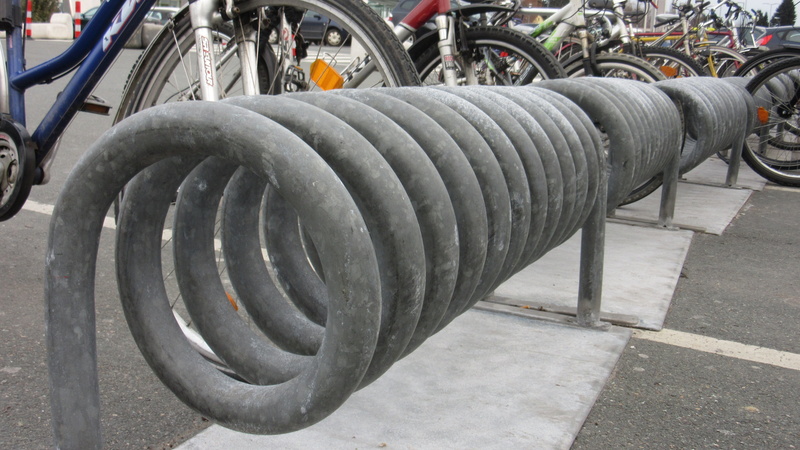 Bike Racks, equipment, Tube, bicycle rack, bicycle, coiled, 4K, outdoors, mode of transportation, built structure, city, zinc plated, tire, machinery