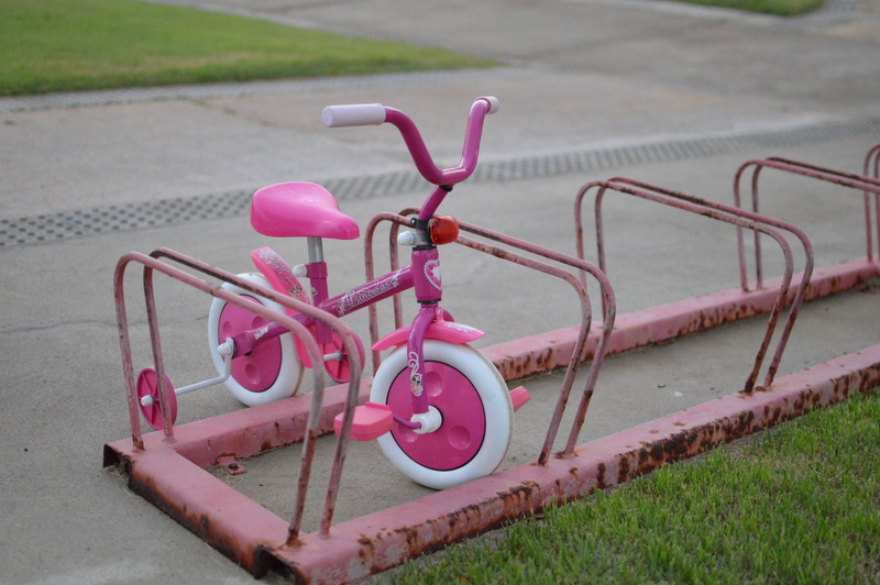 4K, outdoor play equipment, metal, mode of transportation, focus on foreground, day, stationary, no people, bicycle, safety, close-up, park, pink color
