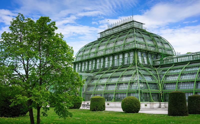 palmery, schloss, nature, low angle view, Europe, green color, 5K, building exterior, Structure, Glass, plant, Park, Greenhouse, built structure, palmenhaus