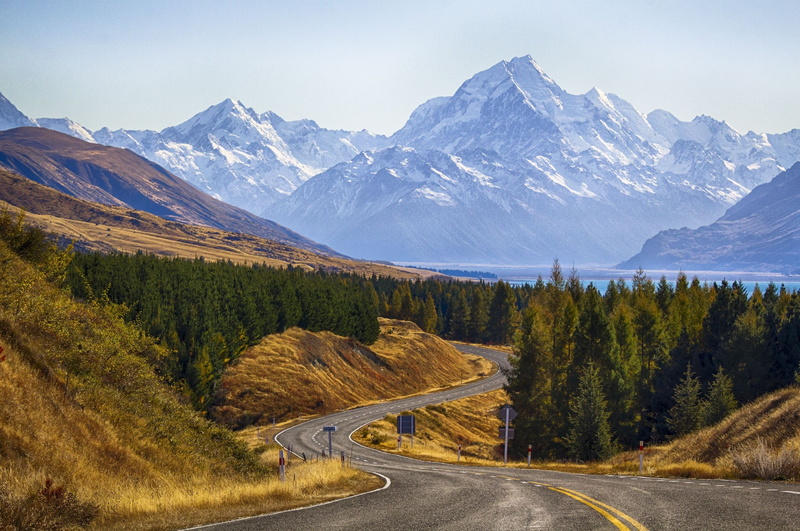 national, park, mountain, landscape, road, zealand, cook, mount, trees, 2K