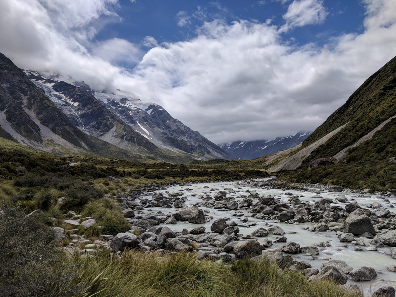 idyllic, mountain range, tranquil scene, outdoors, beauty in nature, mountains, day, mount cook national park, clouds, snowcapped mountain, valley, water