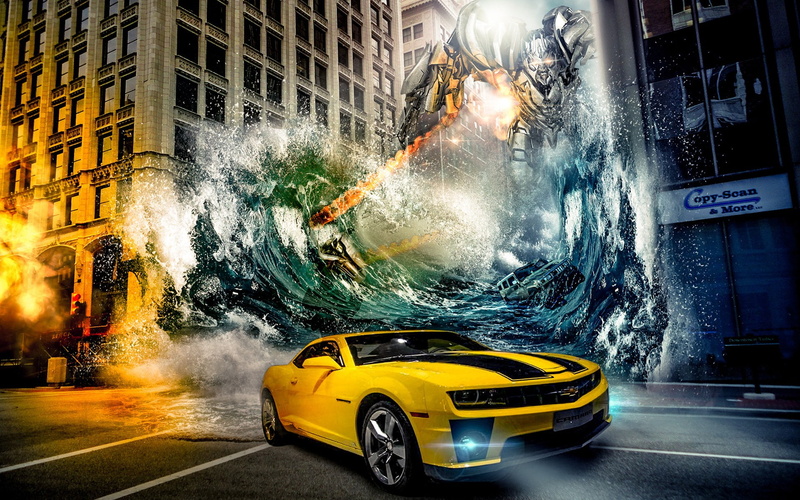 street, night, vehicle, illuminated, Transformers, yellow taxi, motor vehicle, yellow, outdoors, architecture, land vehicle, motion, built structure, mode of transportation