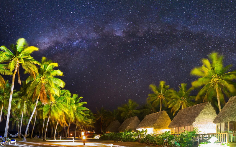 astronomy, scenics - nature, hd, island, galaxy, arutanga, private, tree, sky, tropical climate, night, infinity, no people, 4K, spa, coconut palm tree
