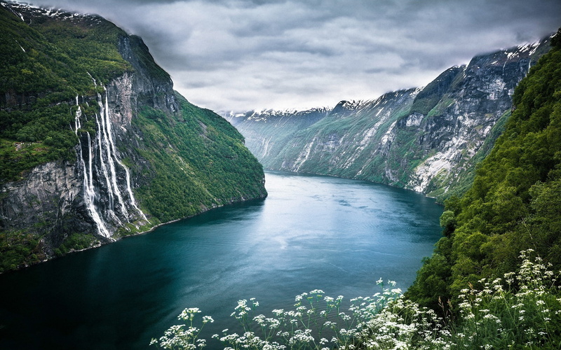 flowers, water, Hills, cliff, 1080P, Fjord, Seven Sisters Waterfall, Norway, waterfall, nature, landscape, Geiranger