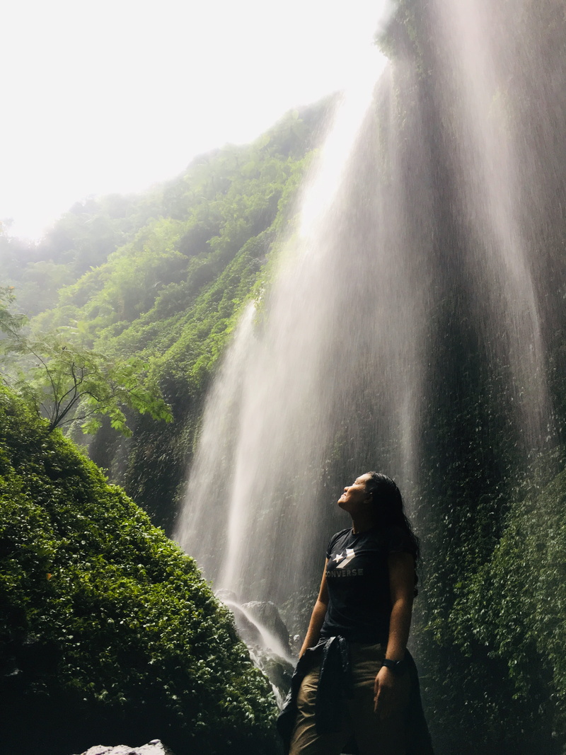 plant, waterfalls, person, beauty in nature, outdoors, motion, power in nature, eastjava, flowing water, bromo, water, looking at view, hairstyle, shot