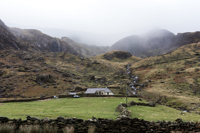 outdoors, surrounded, waterfall, 5K, land, landscape, mist, beauty in nature, near, environment, snowdon, house, valley, nature, plant, mountain, built structure