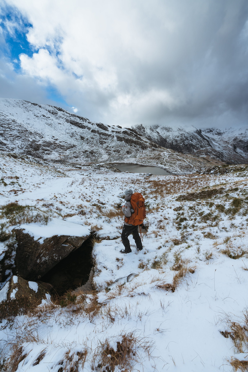 united kingdom, mountains, warm clothing, backpacking, covering, snowdonia national park, nature, tranquility, snowcapped mountain, standing, lake, day