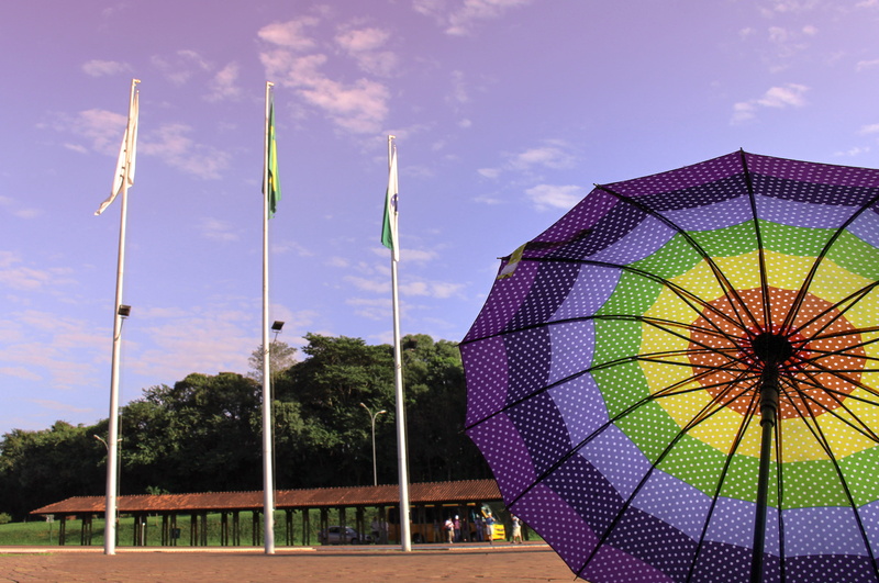 multi colored, rainbow, security, lighting equipment, iguazu, umbrella, tree, textile, park, wall, low angle view, sunlight, outdoors, finish, forest, parasol