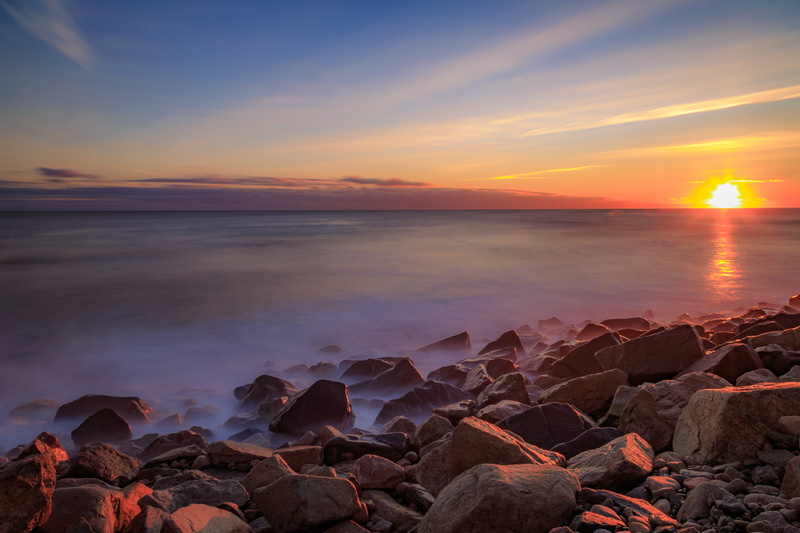 Canon, rock - Object, dusk, Sunrise, summer, rocks, long exposure, coastline, body, waves, Ocean, filter, Lighthouse, outdoors, 5K, Scituate, sky, photography