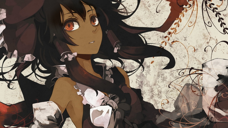 art, miko, video, skin, reimu, 1080P, short, detached, brunettes, hakurei, orange, hd, games, sleev, eyes, bows, Video Games, hair, dark, touhou