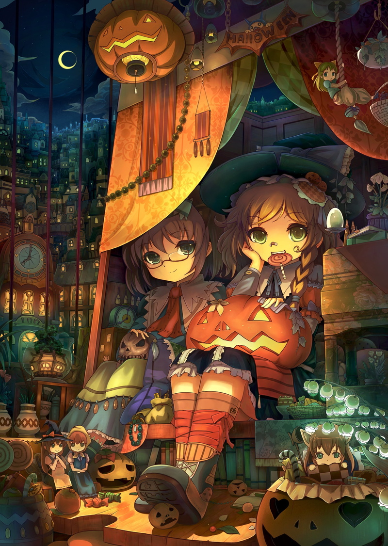 blue, moon, eyes, flowers, dress, halloween, Light, multicolor, architecture, cityscapes, touhou, 2K, blondes, brunettes, witch, houses, art, ca, hd