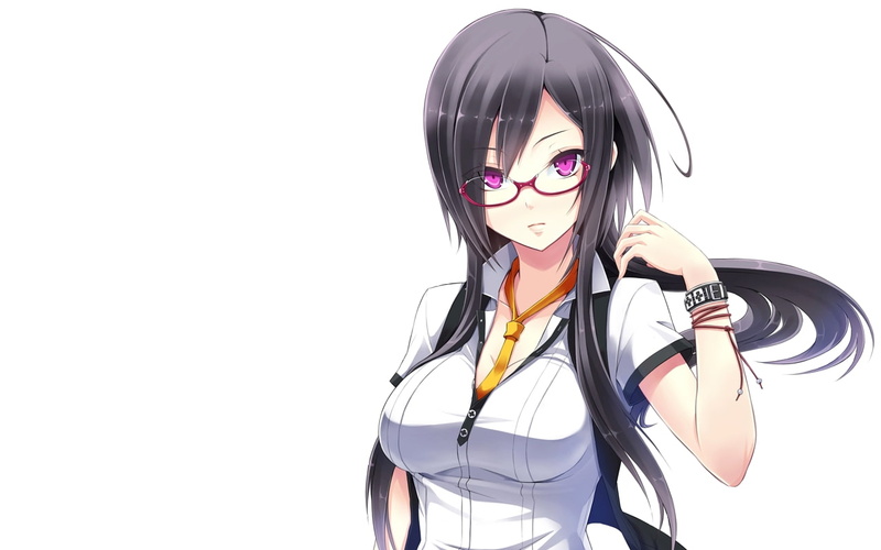 schoolgirls, purple, brunettes, meganekko, glasses, school, hair, bracelets, TIE, 720P, eyes, long, art, close-up, people, school uniforms, white, uniforms