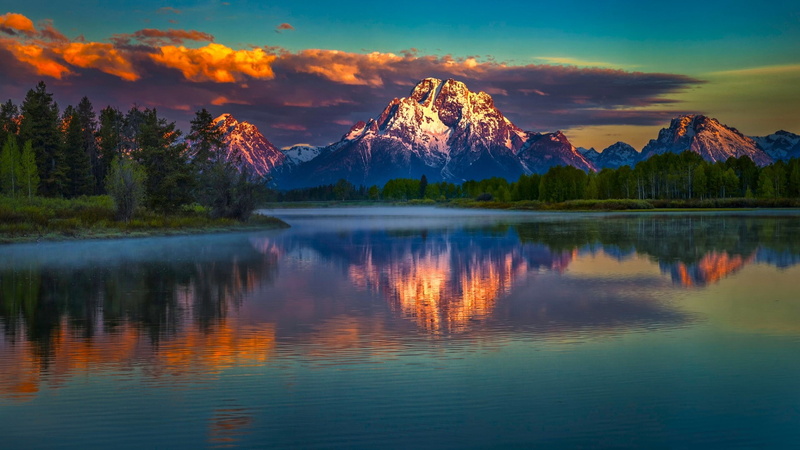 nature, water, trees, reflection, national park, lake, snowy peak, morning, USA, forest, clouds, mountains, mist, Wyoming, 1080P, Sun, landscape, Grand