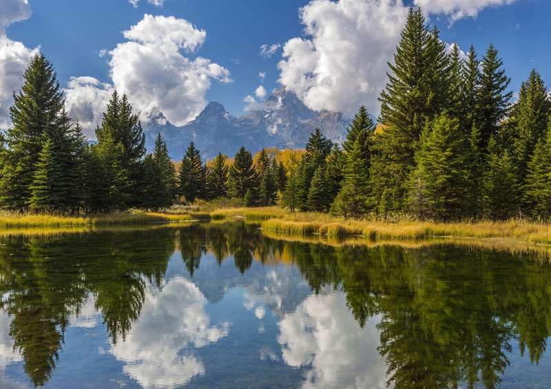 national, green, USA, teton, forests, sun, water, Grand Teton, 4K, pine, grand, mountains, trees, park, Grand Teton National Park, sky, clouds, reflection