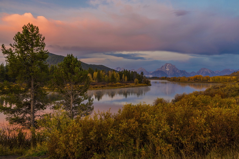USA, Wyoming, river, beach, water, forest, mountain, leave, grand, green, near, Grand Teton, body, trees, autumn, bushes, teton, 4K, sunset