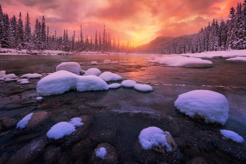 cloud - sky, sunset, mountains, snow, sky, ice, river, cold, no people, landscape, 720P, nature, non-urban scene, land, tranquil scene, plant, Canada