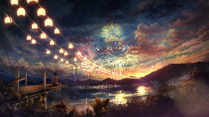 anime girls, night, 2K, artwork, fireworks, colorful, anime, sky