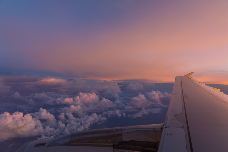 transportation, orange color, inside, plane, pink, outdoors, photo, window, mid-air, jet engine, side, view, on the move, flight, horizon, journey, 5K