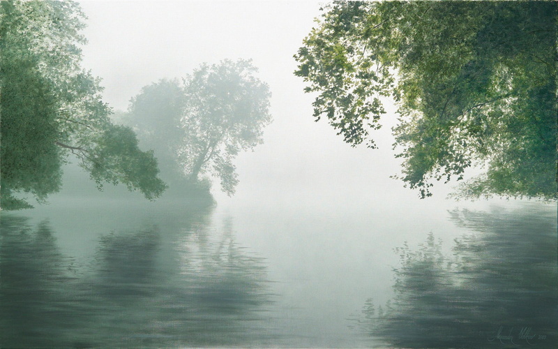 waterscapes, dawn, mist, 1080P, trees, painting, water, morning fog, morning, landscape, nature and landscapes, rivers
