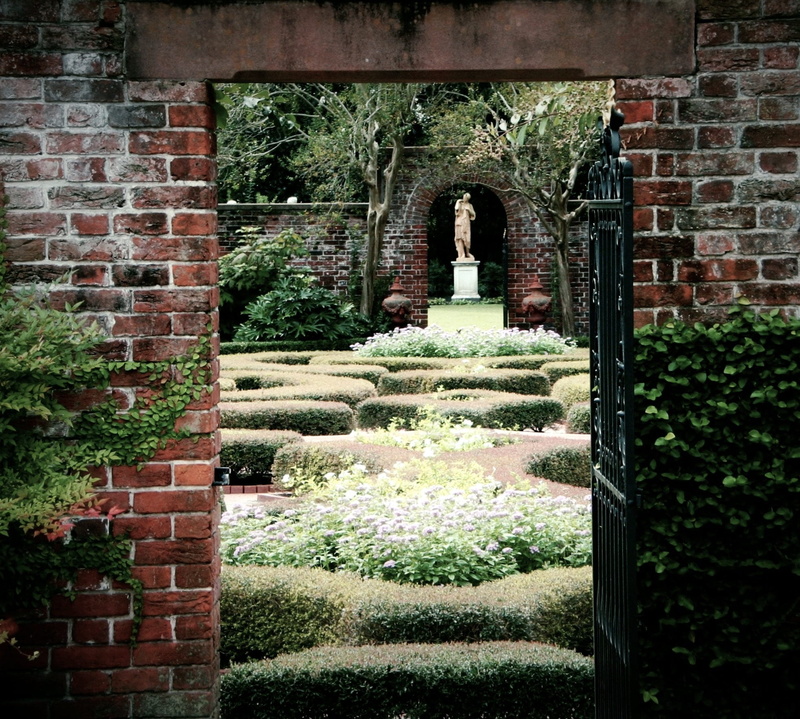 garden, hedge, opened, open, gate, gateway, the past, brick, doorway, vista, building, access, grass, architectural column, green, growth, wall, passage