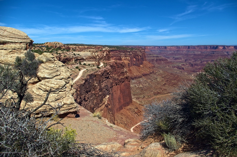 moab, sky, eroded, environment, solid, shafer canyon road vista, sandstone, tranquil scene, 2K, plateau, day, scenic, tranquility, park, non-urban scene