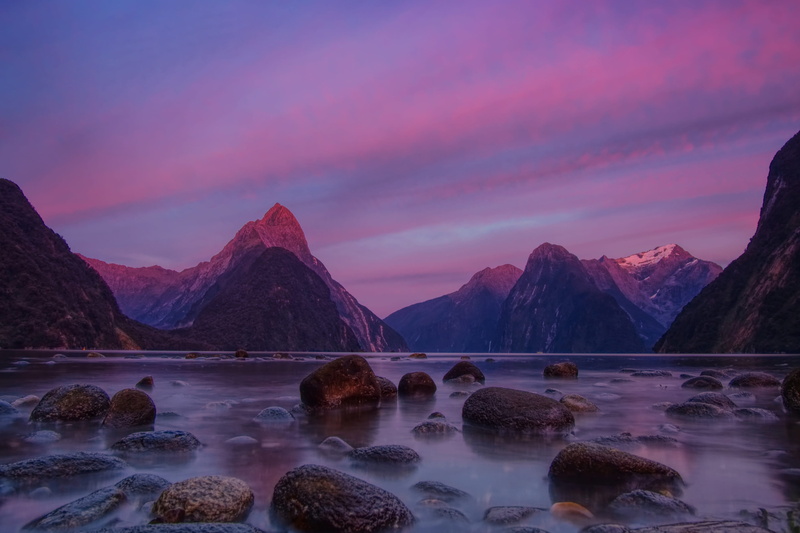 rock, twilight, milford sounds, fiordland, brown, 4K, rock - object, sunset, idyllic, glacier, colors, clouds, sunrise, scenics - nature, sea, no people