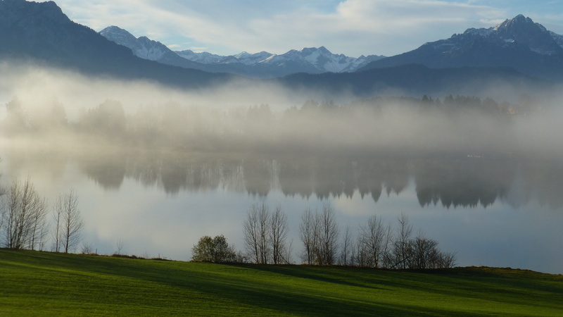Forggensee, mountain Range, autumn, Fog, water, landscape, beauty In Nature, environment, water reflection, rural Scene, sun, Allgäu, forest, reflection