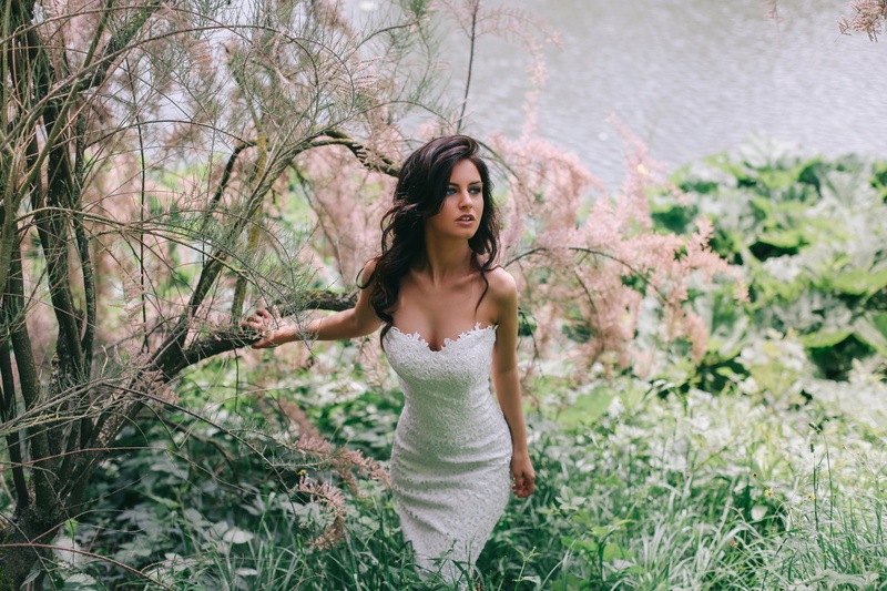 long hair, strapless, beautiful woman, Lets find a wonderful place to get lost, three quarter length, front view, hair, outdoors, looking at camera, look