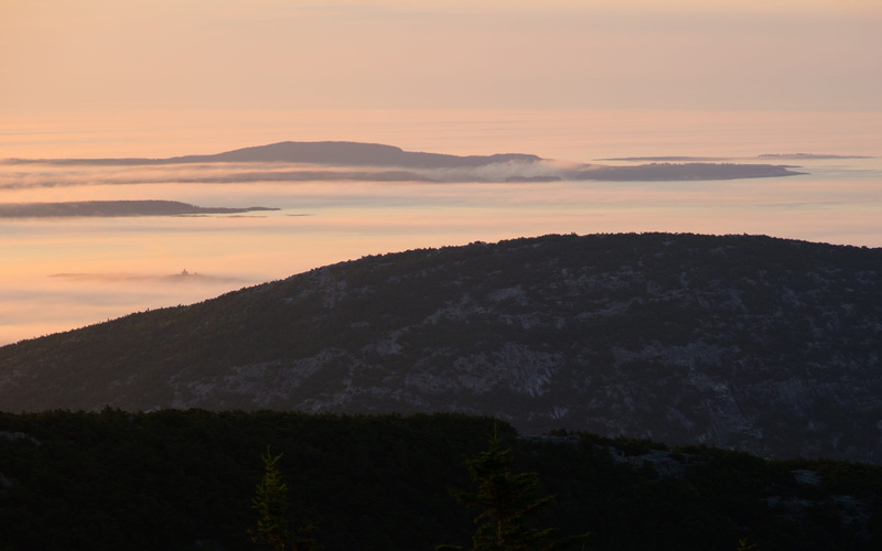 ocean, rugged, mountain range, sea, Landscape, environment, plant, bay, hazy, trees, bar harbor, coniferous tree, Scenic, tree, cloud - sky, mountains