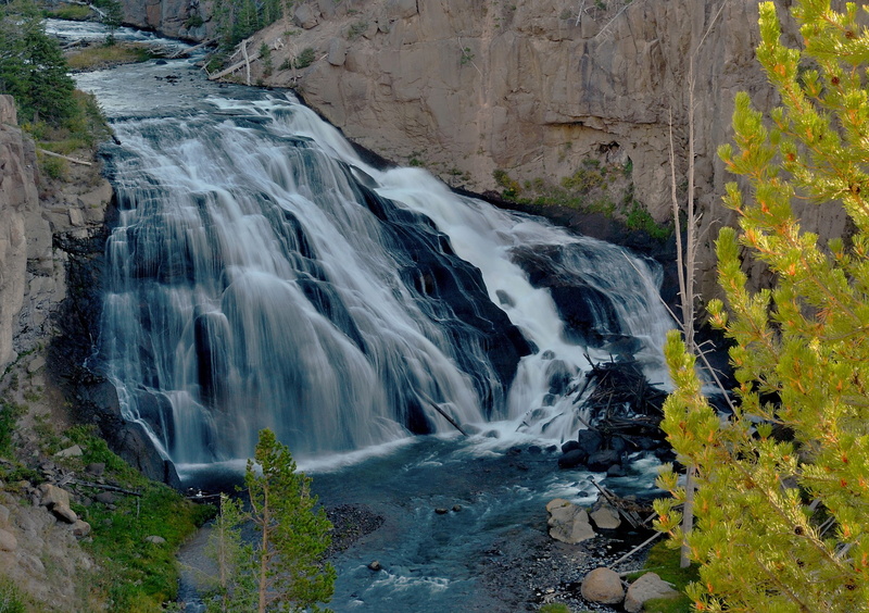 rocks, autumn, Wyoming, waterfall, USA, leaves, Yellowstone, trees, waterfalls, 1080P, river, brown, near