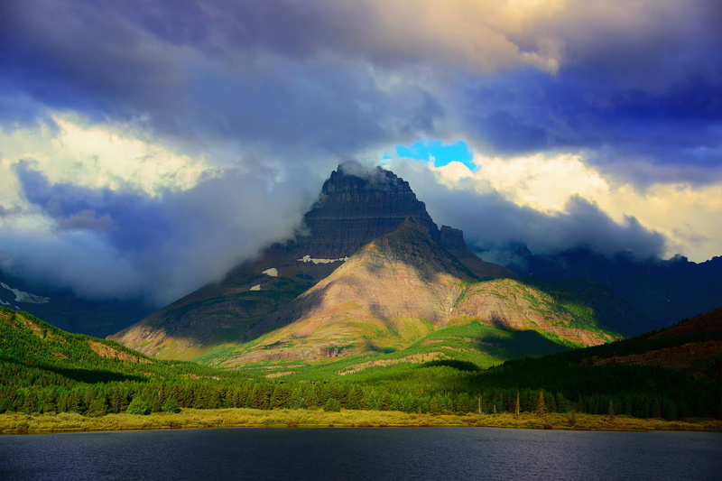 USA, Rocky mountains, Montana, Mount Wilbur, forest, lake, clouds, the sky, 1080P, Glacier national Park, mountain