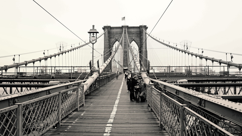 sky, nature, brooklyn bridge, real people, black and white, 4K, usa, city, suspension bridge, built structure, diminishing perspective, travel, rear view