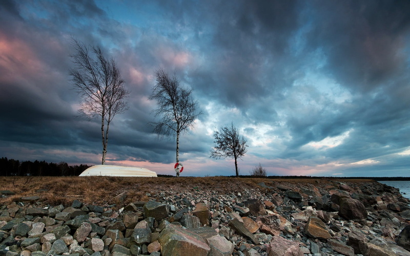 boat, landscape, idyllic, tree, rock - object, environment, solid, cloud - sky, lifebuoy, tranquility, bare, trees, nature, scenics - nature, 720P, land