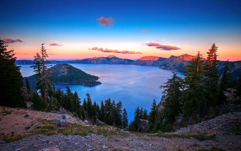 rock - Object, sunset, color Image, nature, leafed, no People, blue, idyllic, sunrise - Dawn, dusk, land, lake, mountain, decline, national Landmark, sunlight