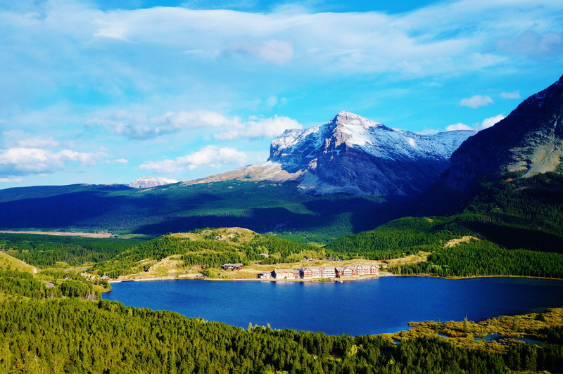 mountain peak, panoramic, park, rural Scene, green Color, hiking, gnp, landscapes, hill, America, summer, Montana, water, non-Urban Scene, building, tranquility
