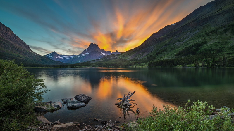 sky, lake, mountains, rocks, landscape, trees, USA, clouds, Montana, plants, sunset, Swiftcurrent Lake, Glacier National Park, water, nature, 1080P