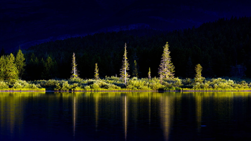 Montana, forest, sunlight, trees, USA, mountains, 1080P, Glacier National Park, plants, water, water ripples, Swiftcurrent Lake