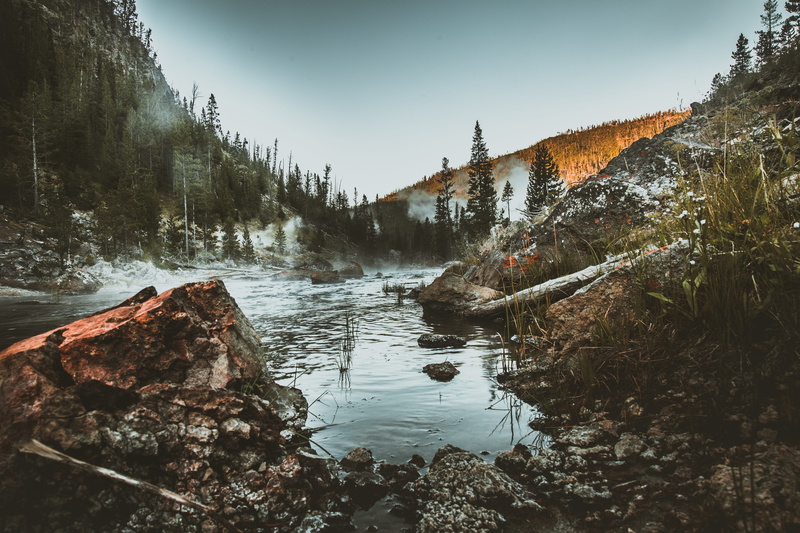 tranquility, tranquil scene, plant, flowing water, National Park, sky, earth, rock - object, lake, foggy, rock, reflection, sunrise, day, no people, mountain