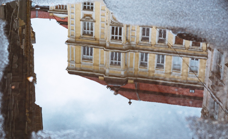 built structure, building, yellow, nature, outdoors, puddle, frozen, water, city, cold temperature, house, building exterior, canal, sky, snow, reflection