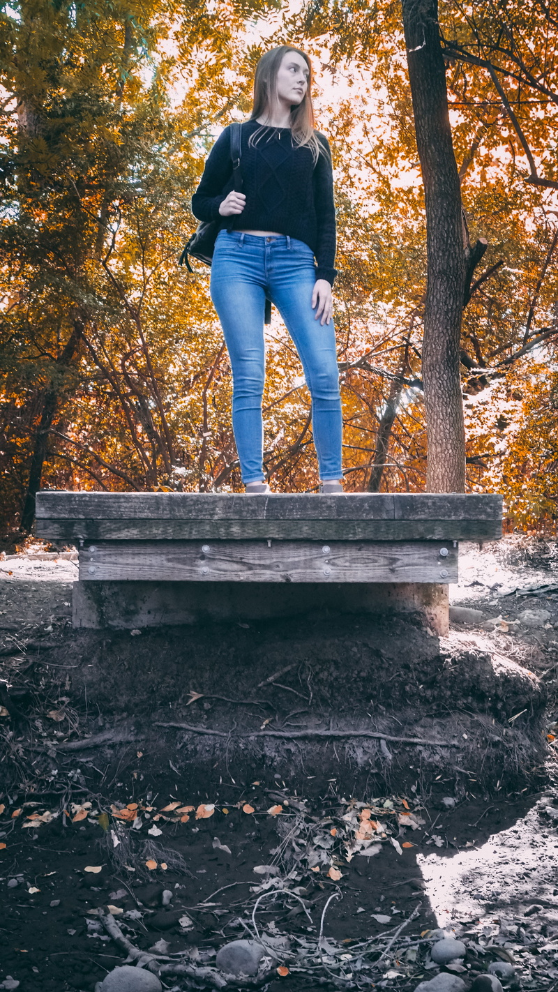 women, jeans, full length, united states, trees, blonde, creek, young adult, day, girl, lifestyles, nature, split, contrast, outdoors, backpack, adventure