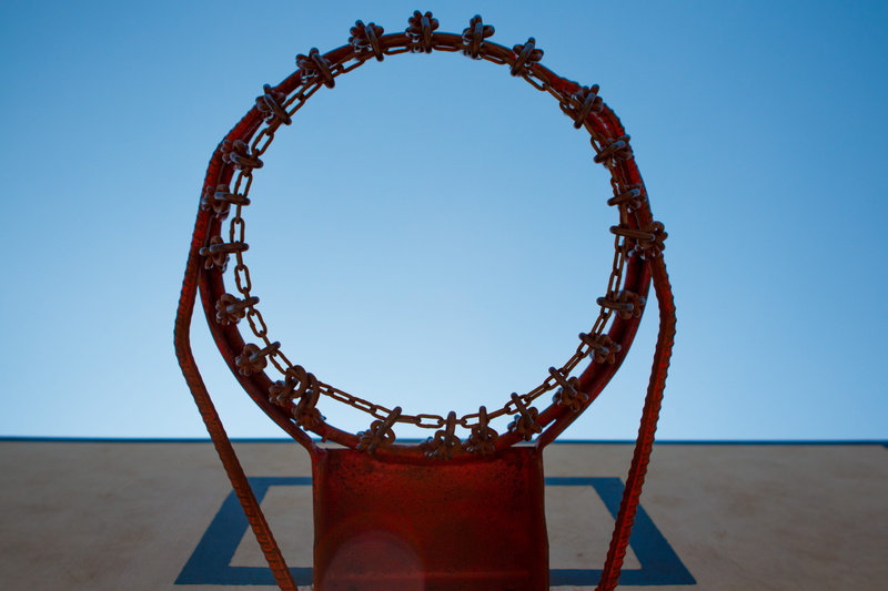 upsidedown, geometric shape, blue, brazil, outdoors, basketball hoop, architecture, directly below, clear sky, 5K, sky, shape, basketball, basketball - sport