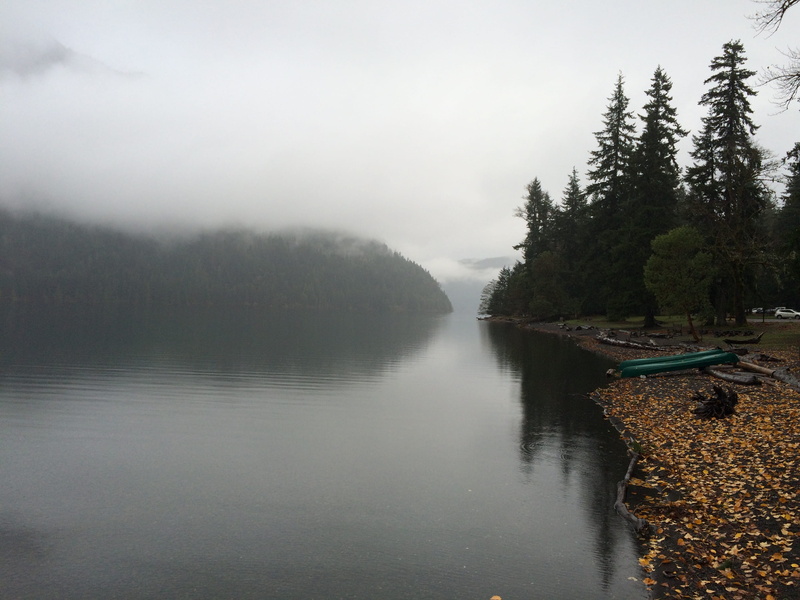 crescent lake, reflection, shore, outdoors, tranquil scene, canoe, united states, nature, lake crescent lodge, sky, autumn, fog, trees, beauty in nature