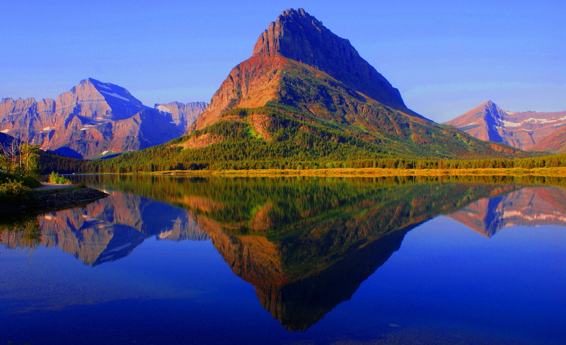 autumn, the sky, reflection, lake, forest, Montana, swiftcurrent, glacier national park, USA, mountains, 1080P