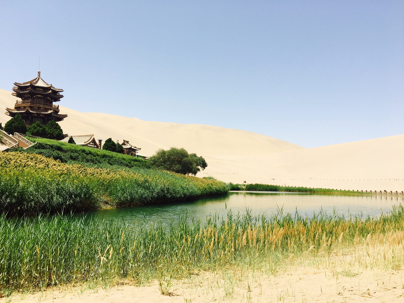 plant, tranquility, non-urban scene, nature, original, water, green color, lake, reflection, clear sky, scenics - nature, dunhuang, 4K, no people, crescent lake
