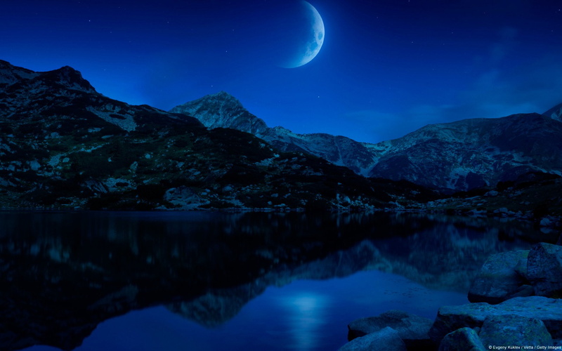Crescent, Reflection, outdoors, Fantasy, no people, 1080P, water, mountain range, Mountain, tranquility, Night, Photography, snowcapped mountain, Scenic