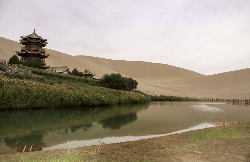 mountain, plant, 4K, tranquility, body, architecture, tranquil scene, pagoda, crescent lake, reflection, dunhuang, water, religion, china, landscape, nature