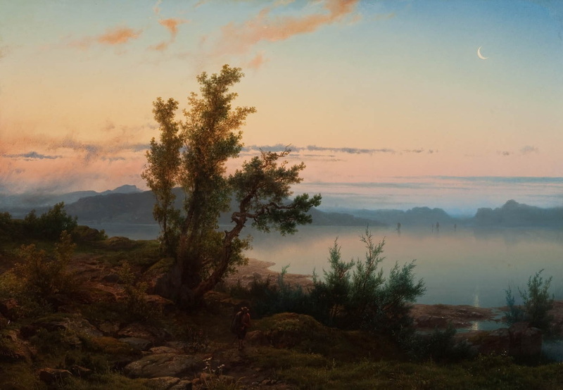720P, painting crescent moon lake trees classic art
