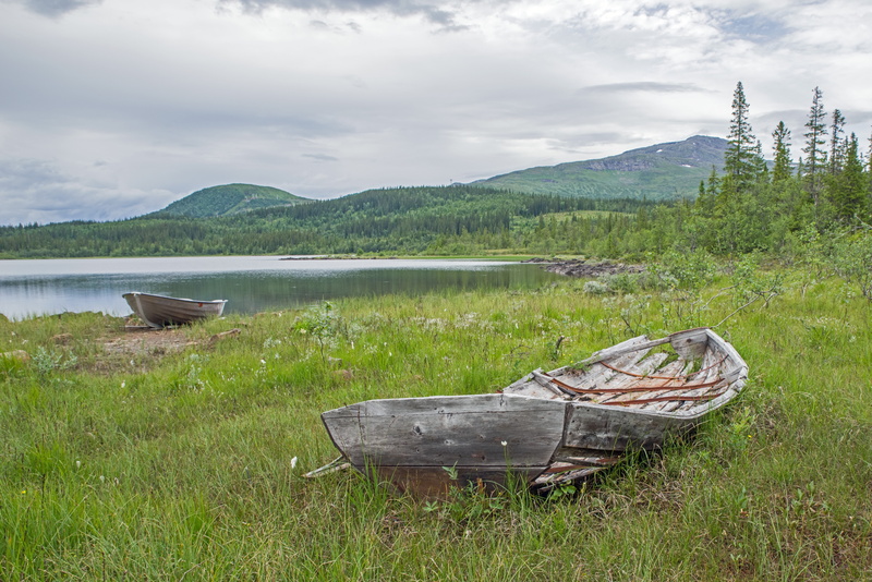 5K, mountain, day, grass, wooden, no people, land, rest, outdoors, wreck, mode of transportation, wide, tranquil scene, sky, water, boot, boat, nature