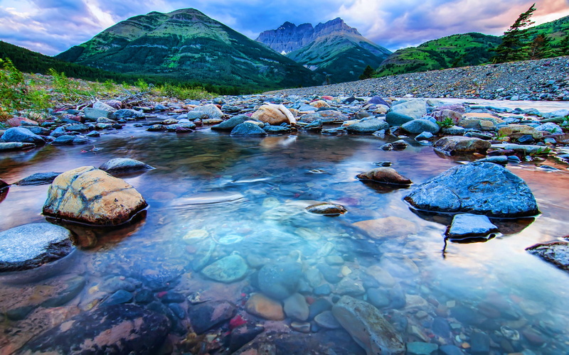 waterton, park, water, lake, alberta, canada, 2K, naturaleza, mountains, landscape, stones, painting